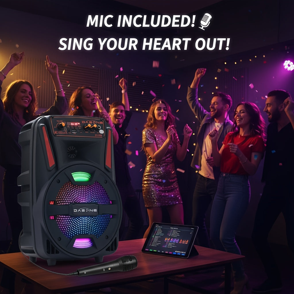 A 1000W Robust Portable Wireless Party Speaker Featuring an 8-Inch Woofer, Equipped with a Wired Microphone, Delivering Deep Bass, And Supporting USB, SD, FM, And AUX Inputs, with an 8-Hour Playtime Suitable for Djing, Karaoke, And Home Gatherings