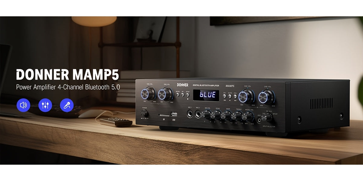[Home Stereo Receiver] Donner 5.0 Stereo Audio Amplifier Receiver, 4 Channel Home Stereo Receiver Speaker With Accessories USB, SD, FM, 2 Mic In Echo, RCA, LED, Speaker For Home Sound System