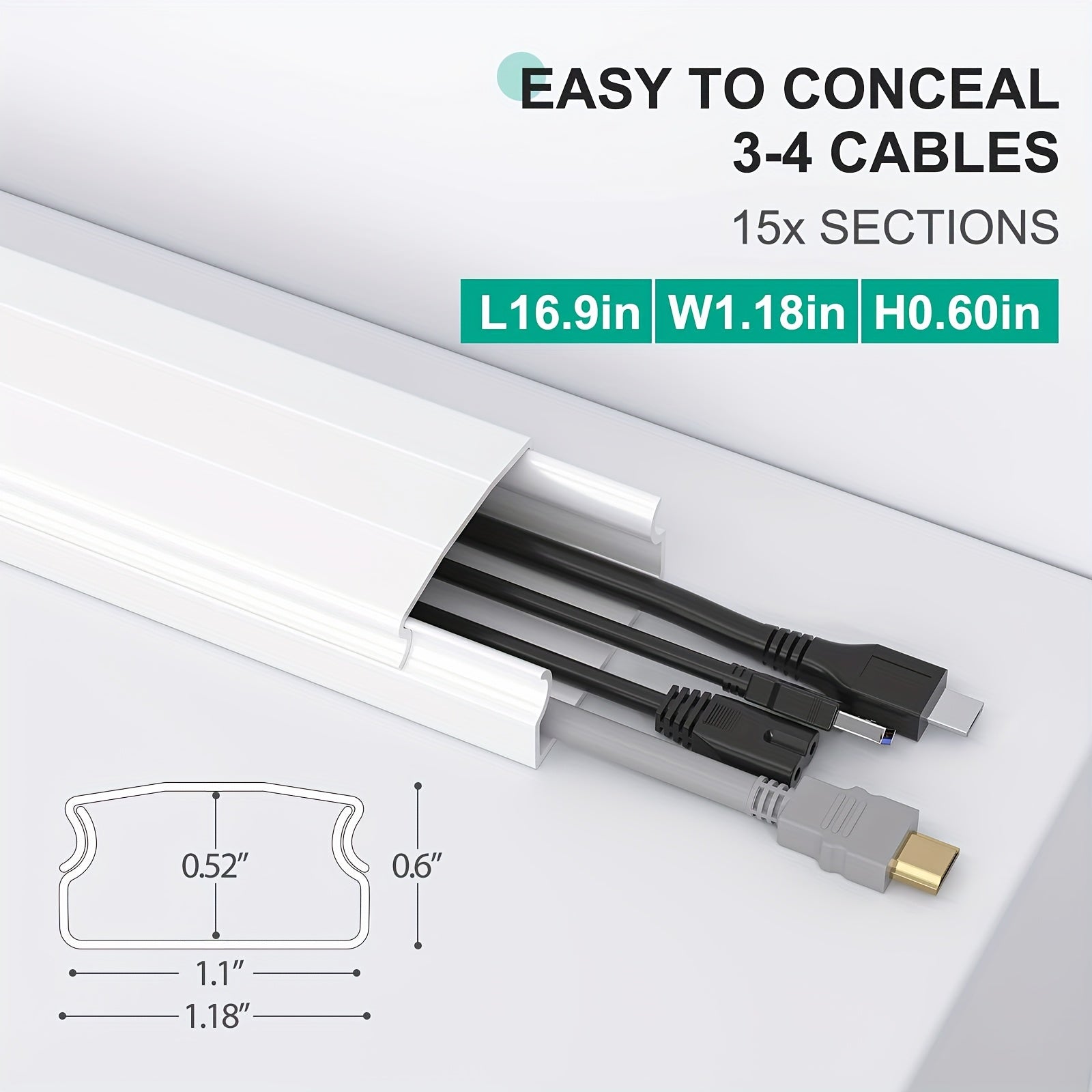 15pcs Wire Covers For Cords On Wall, Wire Hider Cable Cover Raceway, 236in for cord Hider, Large Cable Hider for cord Covers For 3-4 Wires On Wall, Tv Cable Management, 15x L15.7 W1.18 H0.6in, White