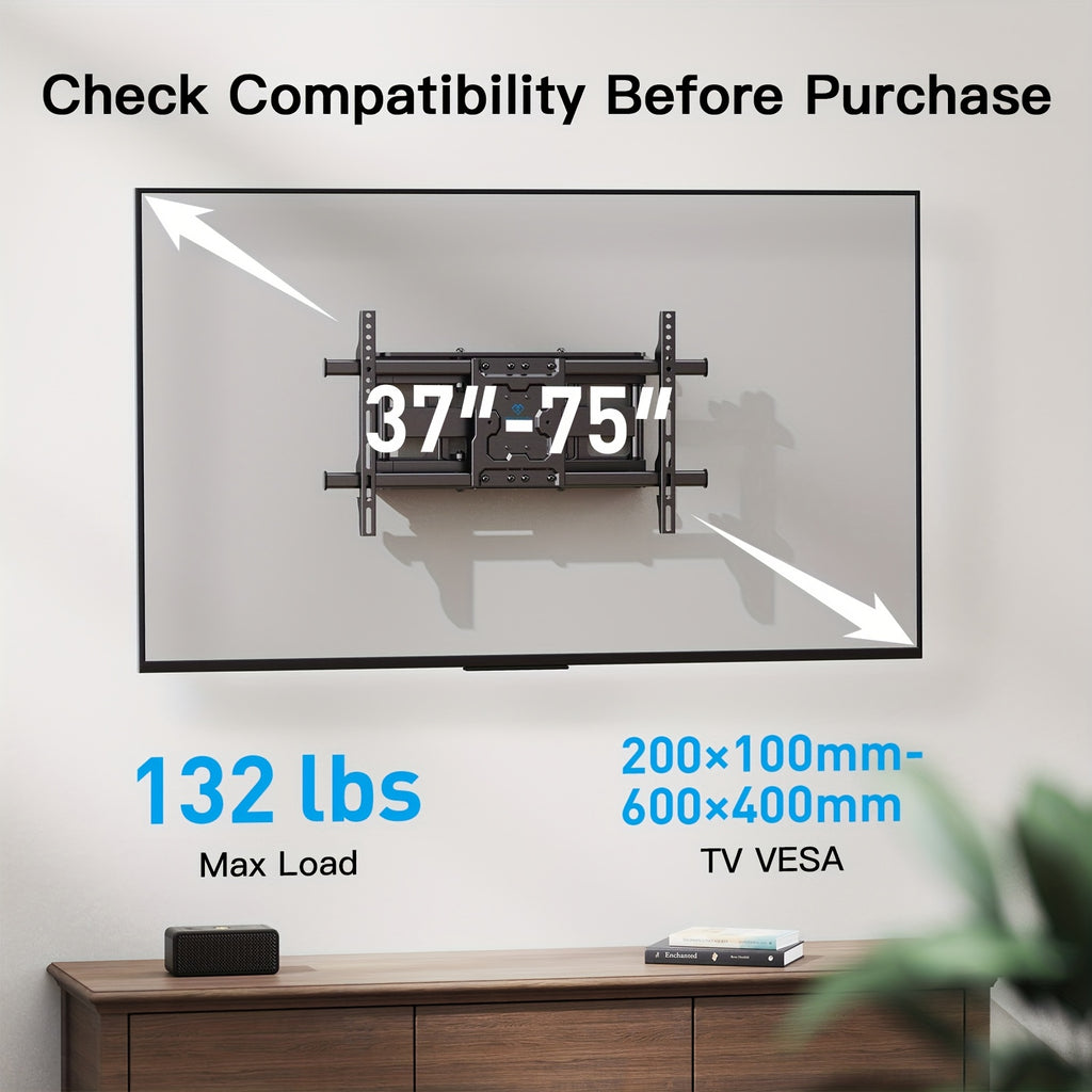 Full Motion Tv Wall Mount | Articulating Arms, Swivel, Tilt, And Rotation For Most 37-75 Inch Oled, Lcd, Led Flat And Curved Tvs, Max Vesa 600X400Mm, Extends To 24-Inch Wood Studs, Supports Up To 132 Lbs