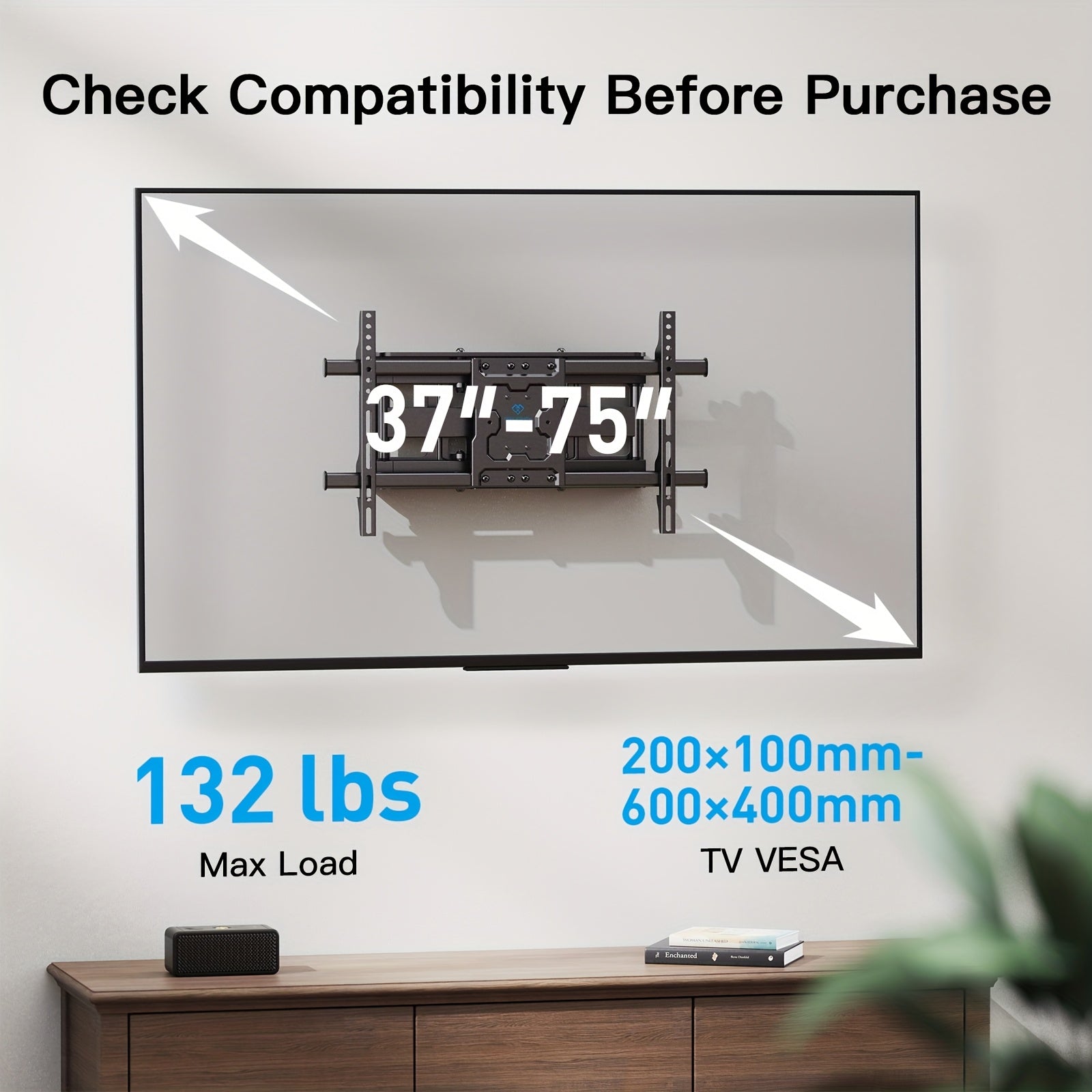 Full Motion Tv Wall Mount | Articulating Arms, Swivel, Tilt, And Rotation For Most 37-75 Inch Oled, Lcd, Led Flat And Curved Tvs, Max Vesa 600X400Mm, Extends To 24-Inch Wood Studs, Supports Up To 132 Lbs