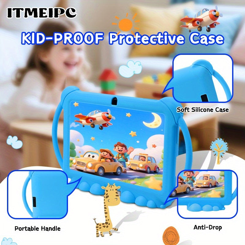 [Android 14 Tablet] ITMEIPC, 2025 New Models, 7 Inch Android Kids Tablet, Android14, 4GB(2GB+2GB) RAM 32GB ROM Dual Camera, Wi-Fi, Large Screen Learning Entertainment Tablet Parental Control Pre-installed Apps, HD Screen Protective Case High-Performance S