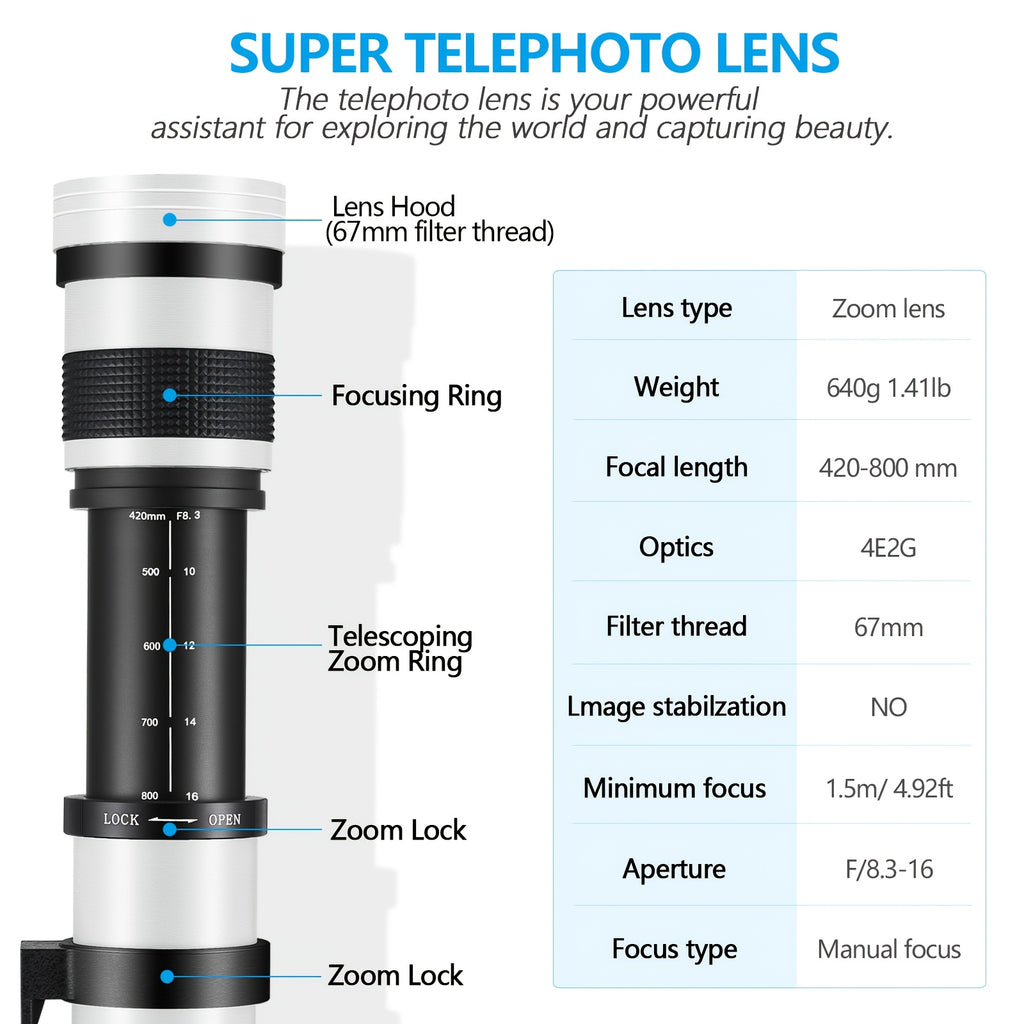420-800mm F/8. 3-16 High-Power Telephoto Zoom Lens with Manual Focus for Canon EF Mount DSLR Cameras - T-Mount Adapter Included, Compatible with Multiple Models with Adapter