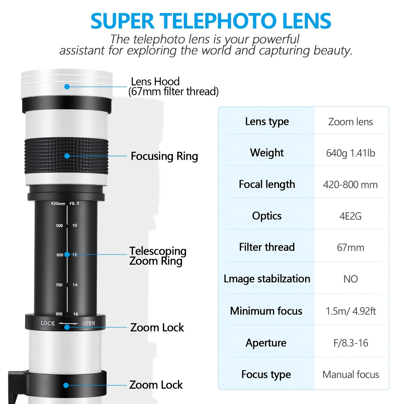 420-800mm F/8. 3-16 High-Power Telephoto Zoom Lens with Manual Focus for Canon EF Mount DSLR Cameras - T-Mount Adapter Included, Compatible with Multiple Models with Adapter