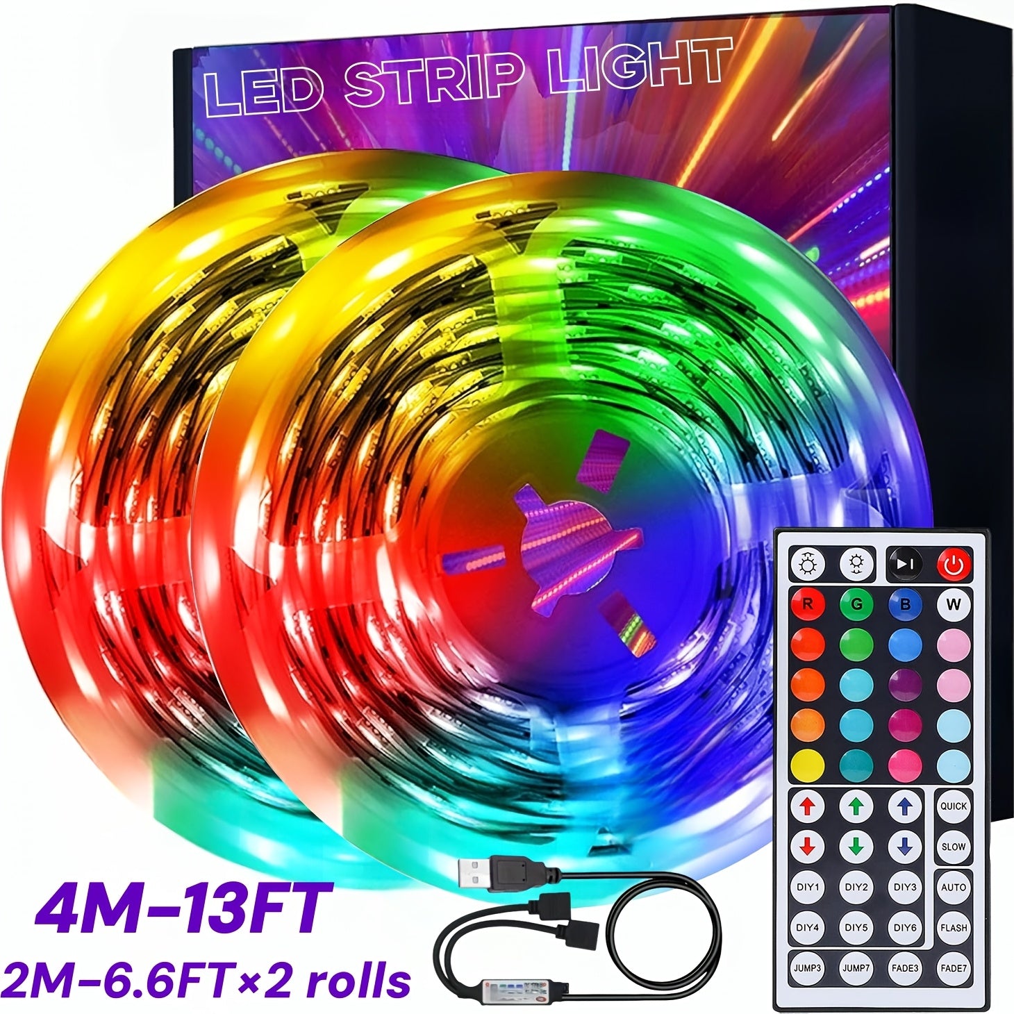USB- RGB LED Strip Lights with Remote Control & Color-Changing Dimmable Backlight Suitable for TV, Bedroom, Party Decor, RGB Strips for Home Ambiance Lighting, Compatible for PC, Bookshelf, Ceiling Fan Wiring (No)