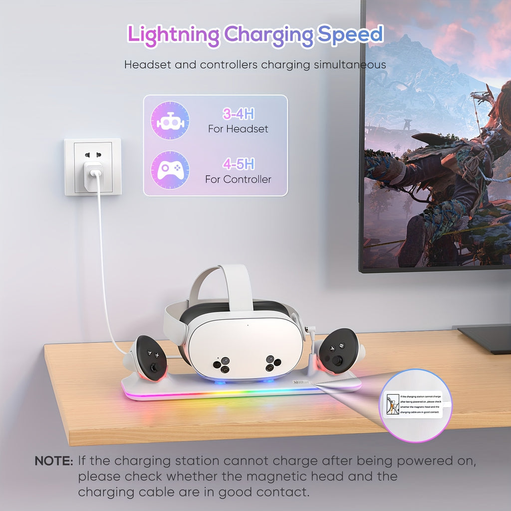 Charging Dock for Meta Quest 3S/Quest 3, PD 18W Fast Charging Station for Oculus Quest 3S Additions with RGB Light, Magnetic Charger Stand for Headset/Controller with 2 Rechargeable Batteries