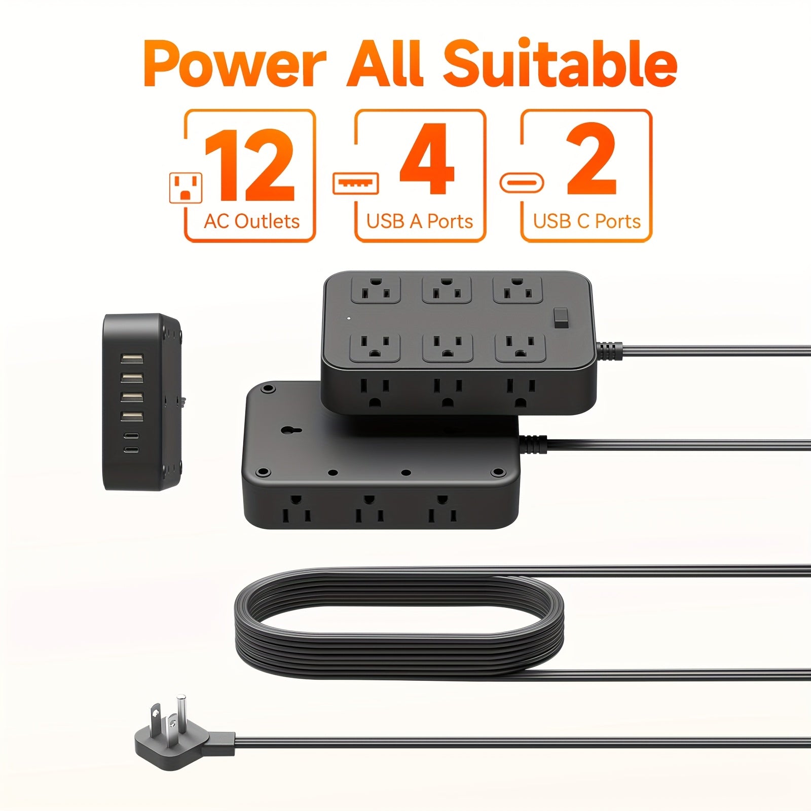 Multifunctional Surge Protector Power Strip, 12 Widely Distributed AC Outlets, 6 USB Charging Ports (4 USB A & 2 USB C)for Efficient Charging, Safe and Portable, Desktop Charging Station, Ideal for Home, Dorm, Office, and Travel Essentials