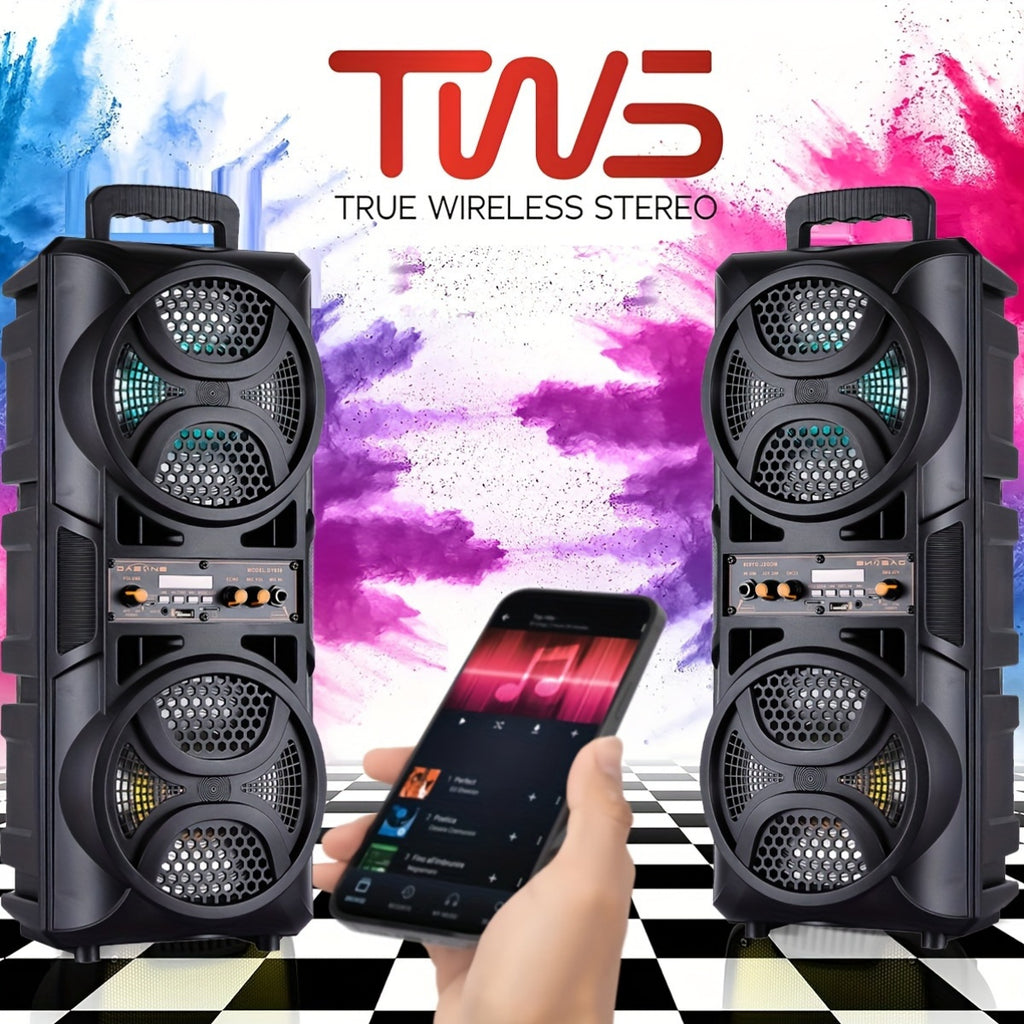 [Portable Wireless Speaker] Portable Wireless PA Speaker System with Dual 6.5" Subwoofer - Powerful Bass Sound with TWS Function, AUX, USB, FM, Wired Microphone Inputs, LED Light, Remote Control, for Outdoor Party, Karaoke, And Other Outdoor Activities