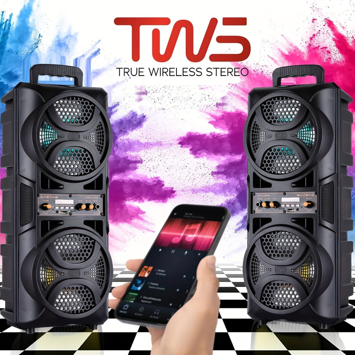 [Portable Wireless Speaker] Portable Wireless PA Speaker System with Dual 6.5" Subwoofer - Powerful Bass Sound with TWS Function, AUX, USB, FM, Wired Microphone Inputs, LED Light, Remote Control, for Outdoor Party, Karaoke, And Other Outdoor Activities