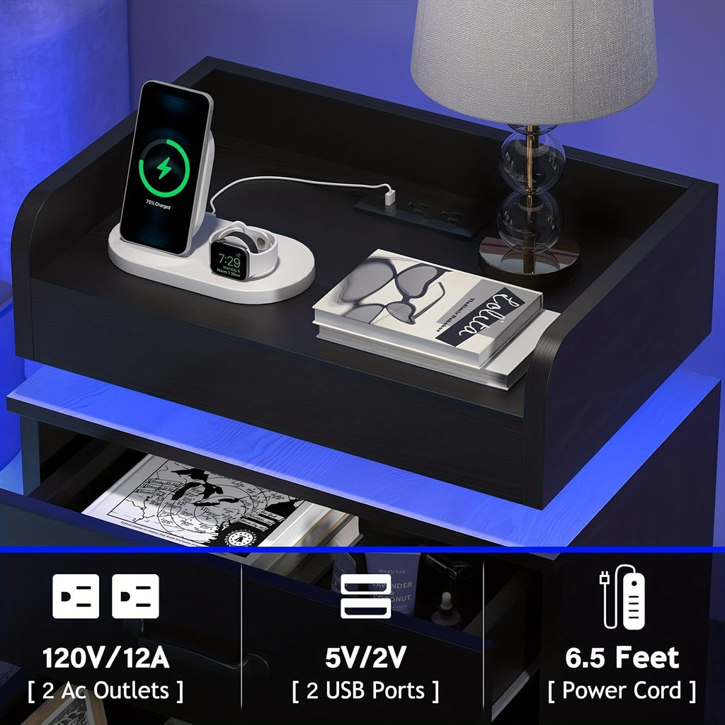 Nightstand with Charging Station & LED Lights, Modern Black Bedside Table, USB-Powered, Space-Saving Storage with Drawers, Compact Design for Small Spaces, Ideal for Bedroom or Living Room Decor