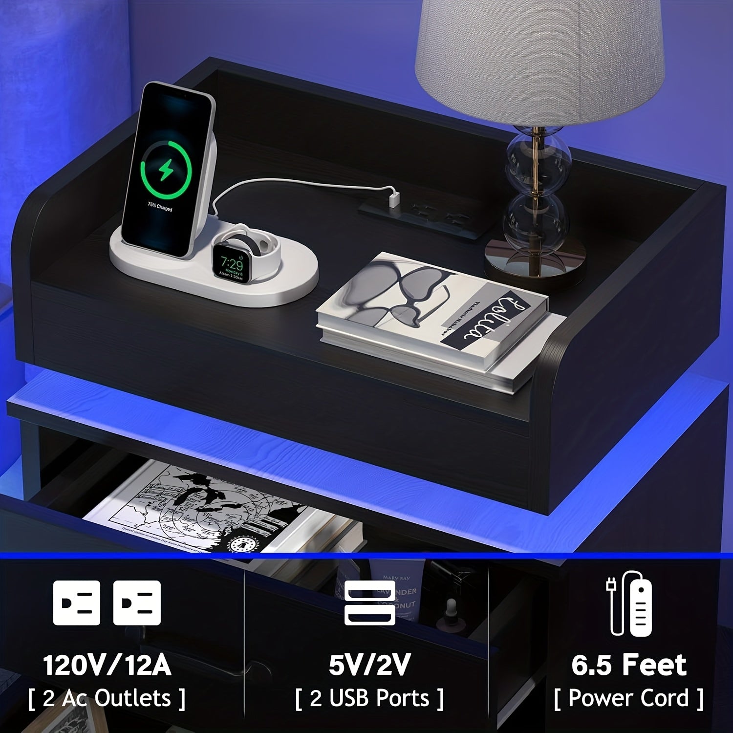 Nightstand with Charging Station & LED Lights, Modern Black Bedside Table, USB-Powered, Space-Saving Storage with Drawers, Compact Design for Small Spaces, Ideal for Bedroom or Living Room Decor