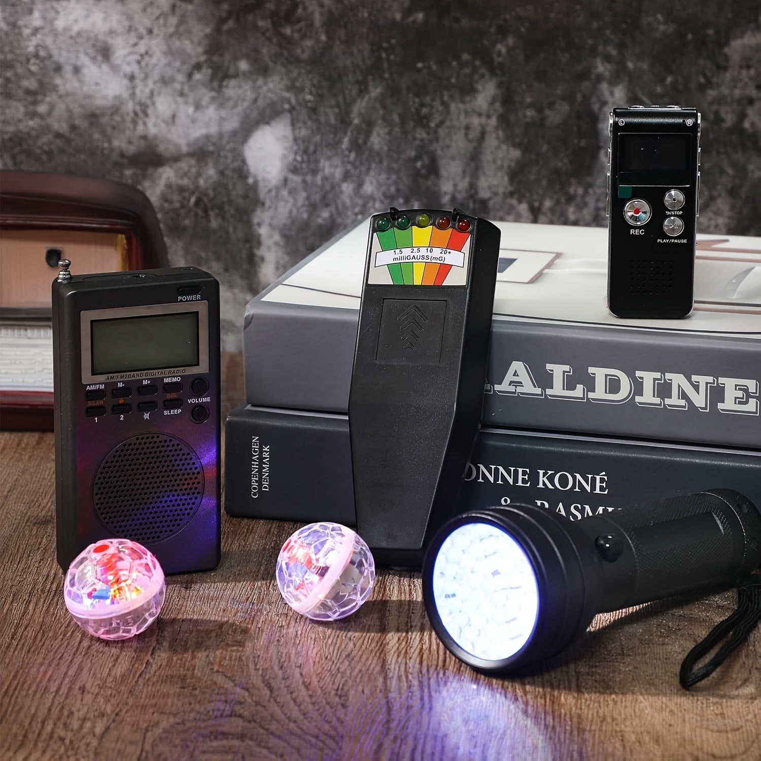 7pcs Hunting Equipment Kit 1 Electromagnetic Paranormal Radiation Detector 1 Digital EVP Voice Recorder 1 Hand Held Radio 1 UV Flashlight 3 LED Light Up Cat Balls, 8gb (Clear)