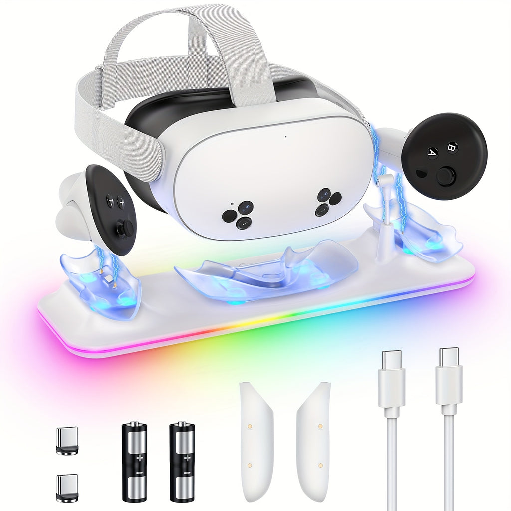 Charging Dock for Meta Quest 3S/Quest 3, PD 18W Fast Charging Station for Oculus Quest 3S Additions with RGB Light, Magnetic Charger Stand for Headset/Controller with 2 Rechargeable Batteries