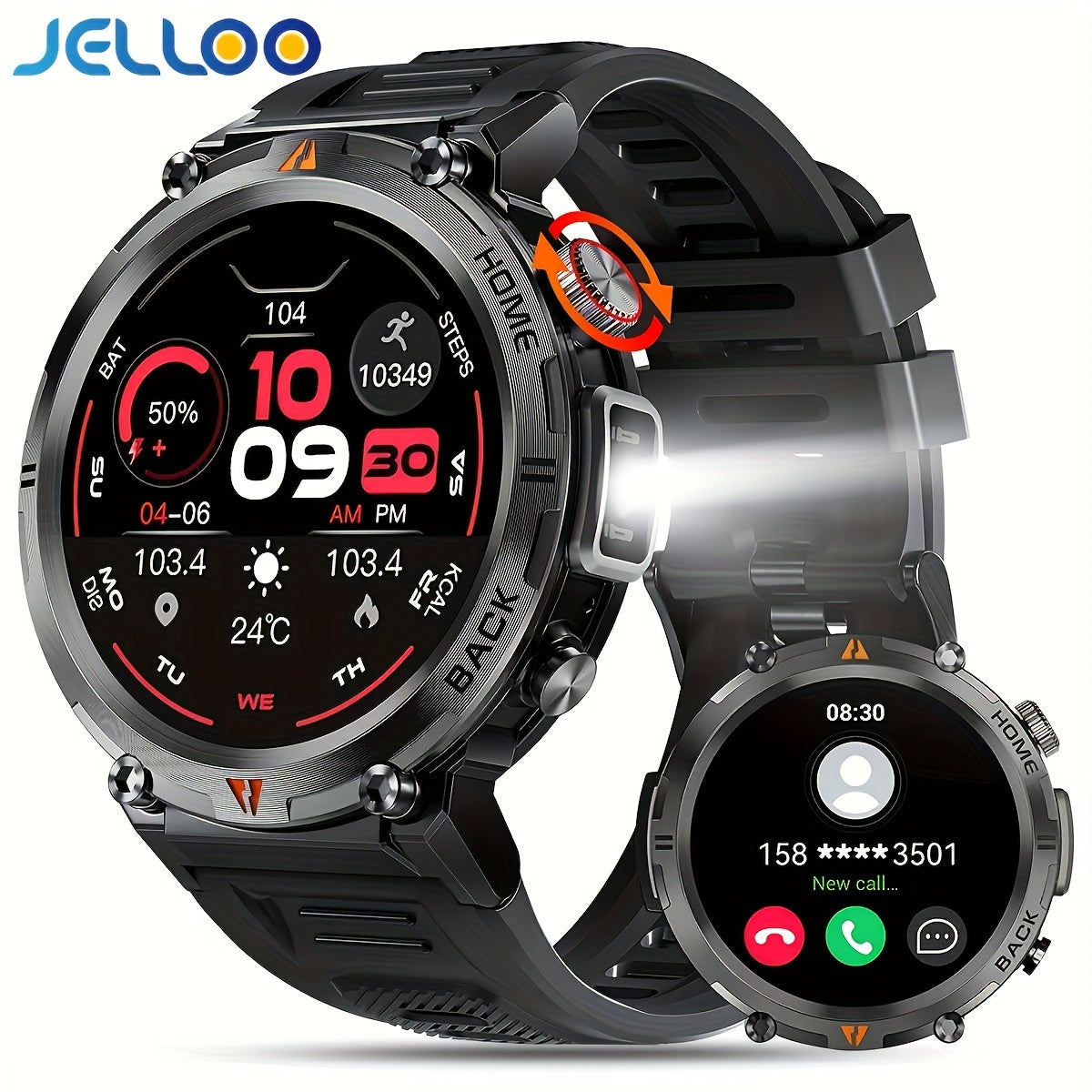 JELLOO Sports Smart Watch For Men, LED Lighting Smart Watch With Wireless (Answer/Make Calls), Outdoor Sports Watches Fitness Tracker With Pedometer Tactical Smartwatch For iPhone & Android Phone