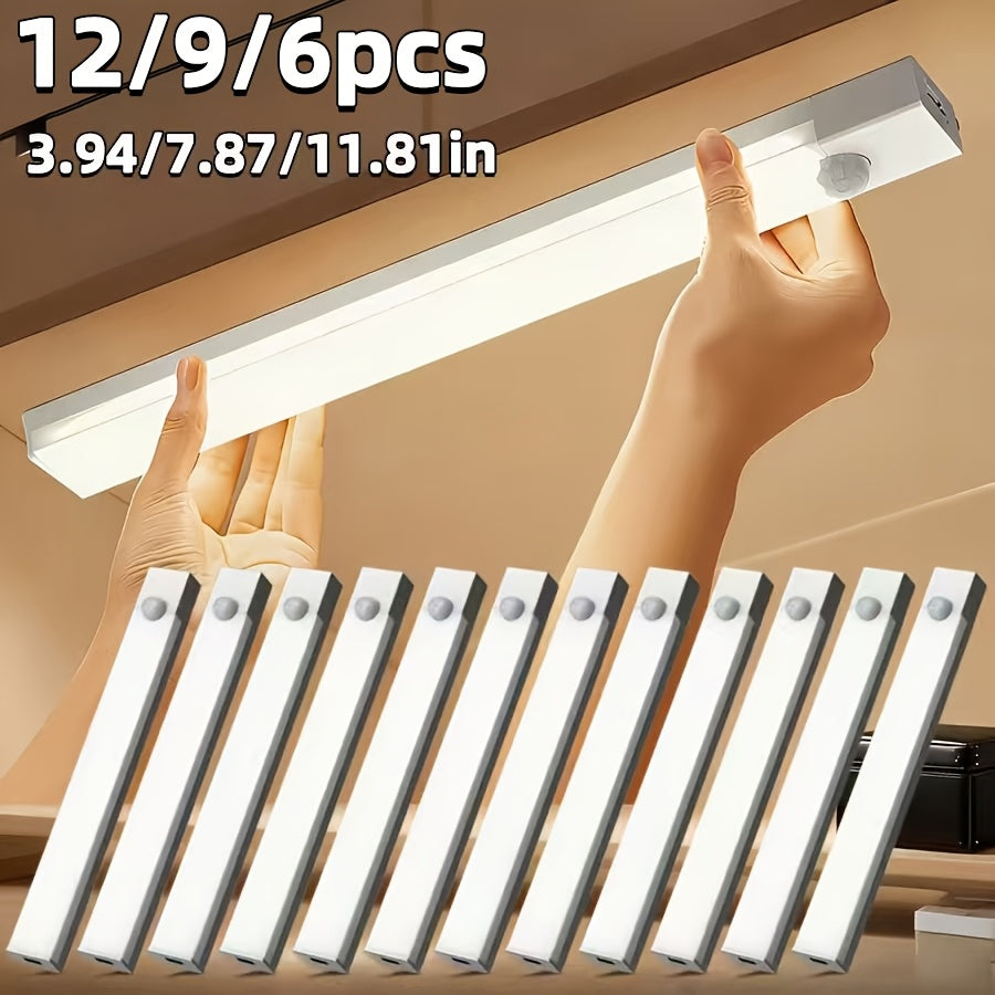 12/9/6pcs LED Motion Sensor Smart Cabinet Lights, USB Rechargeable, 3 Adjustable Modes, Wireless Night Light for Bedroom, Staircase, Kitchen, Intelligent Offices Piano Room & Dance Studio, Bedside Reading Lights, Lights for Cabinets