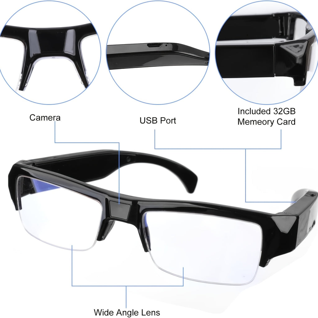 1pc Video Glasses, 1080P HD Sports Camera, Portable Wearable Camera, Smart Glasses, 65° Wide-Angle Lens, Body Camera, with 32/64GB Storage Card, Driving Recorder Glasses, Cycling, Conference Recording, Christmas, Halloween