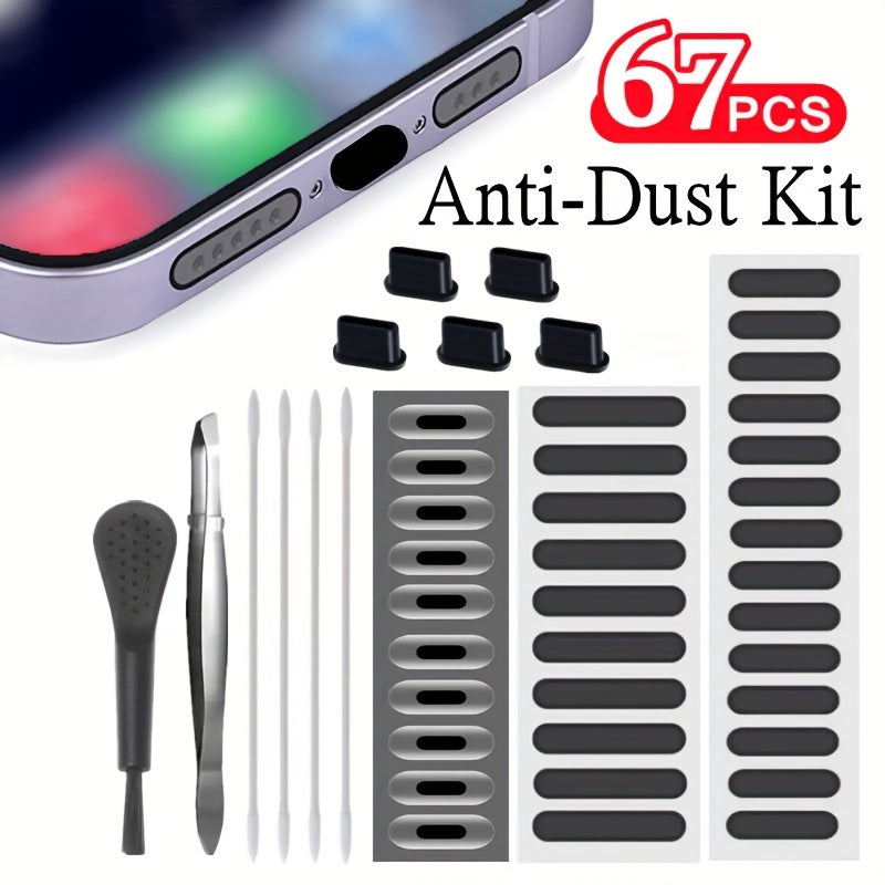 67pcs Universal Plug Kit Designed for Smartphones, Featuring Type-C Charging Port And Speaker Protectors, Dust Mesh Stickers, Made from Durable, Soft, And Flexible Materials, Along with a Cleaning Brush Set for Phone And Earphone Upkeep