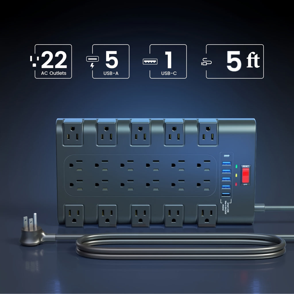 28-in-1 Surge Protector Power Strip With Control Switch, 22 Spacious AC Outlets With 6 USB Ports (1 USB-C PD24/45W), 2100 Joules, Wall-Mountable 5/8/9/10/13Ft Extension Cord, Flat Plug, Multi-Outlet Power Bar With Overload Protection For Home