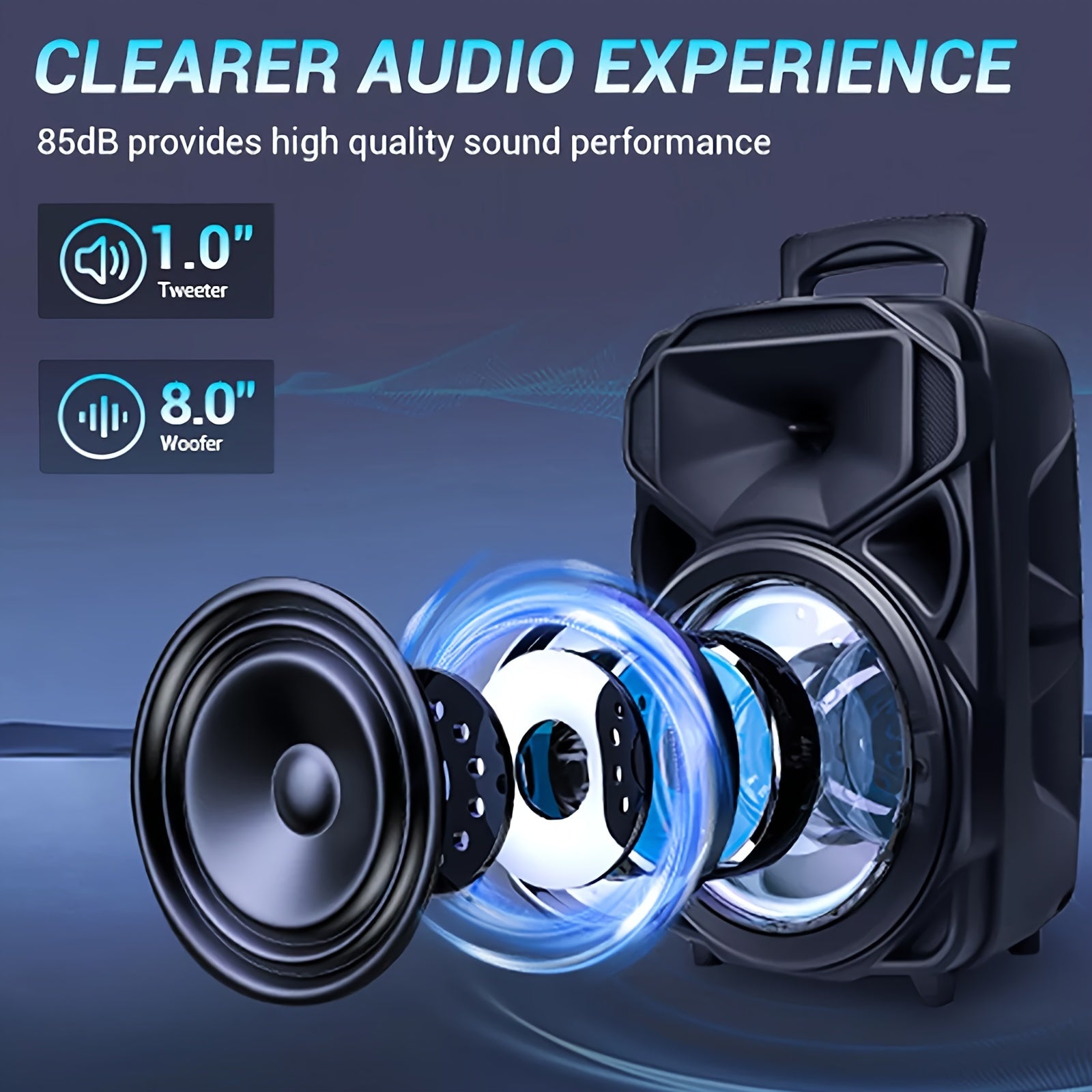 1000W Portable Rechargeable FM Wireless Speaker 8-Inch Subwoofer Heavy Bass Sound System Remote Control Party Speaker W/ Mic LED AUX in