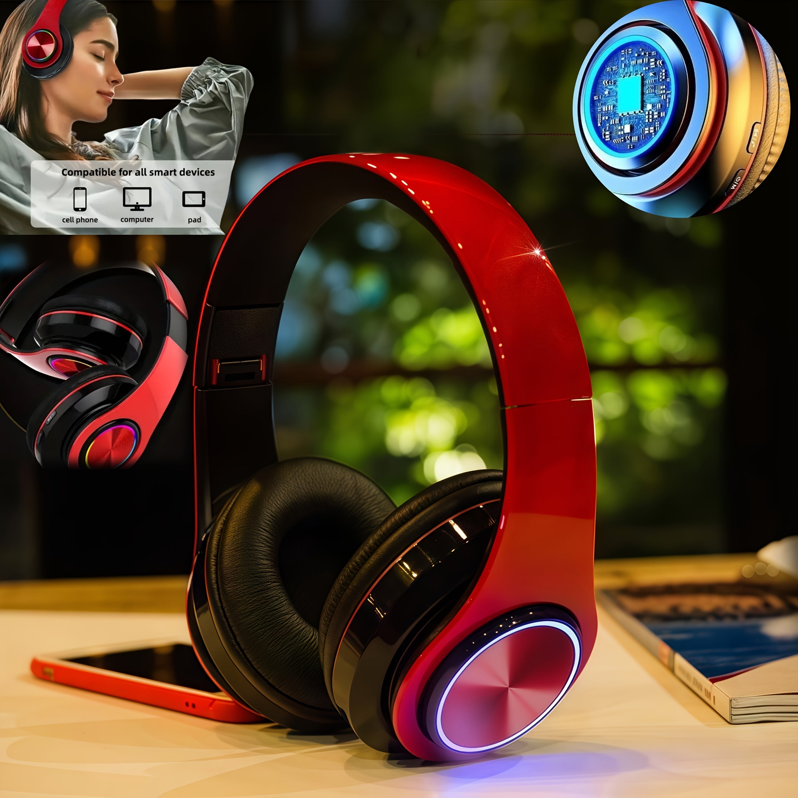 Wireless Headphones, 2025 NEW Headset Subwoofer 5.3 Mobile Computer Game Music Sports Over Ear Earphones, Headphones Wtih LED Light, Portable Folding Headphone Active Noise Canceling Headphones, Wireless Headphones with Deep Bass, USB Rechargeable