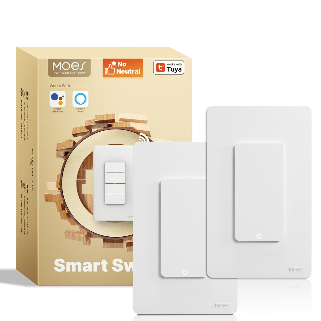 MOES 2 Packs 1/2/3/4 Gang WiFi Smart Light Switches, No Netural Wire No Hub Required, 2.4GHz Single Pole Switch, Compatible With Alexa Google Assistant