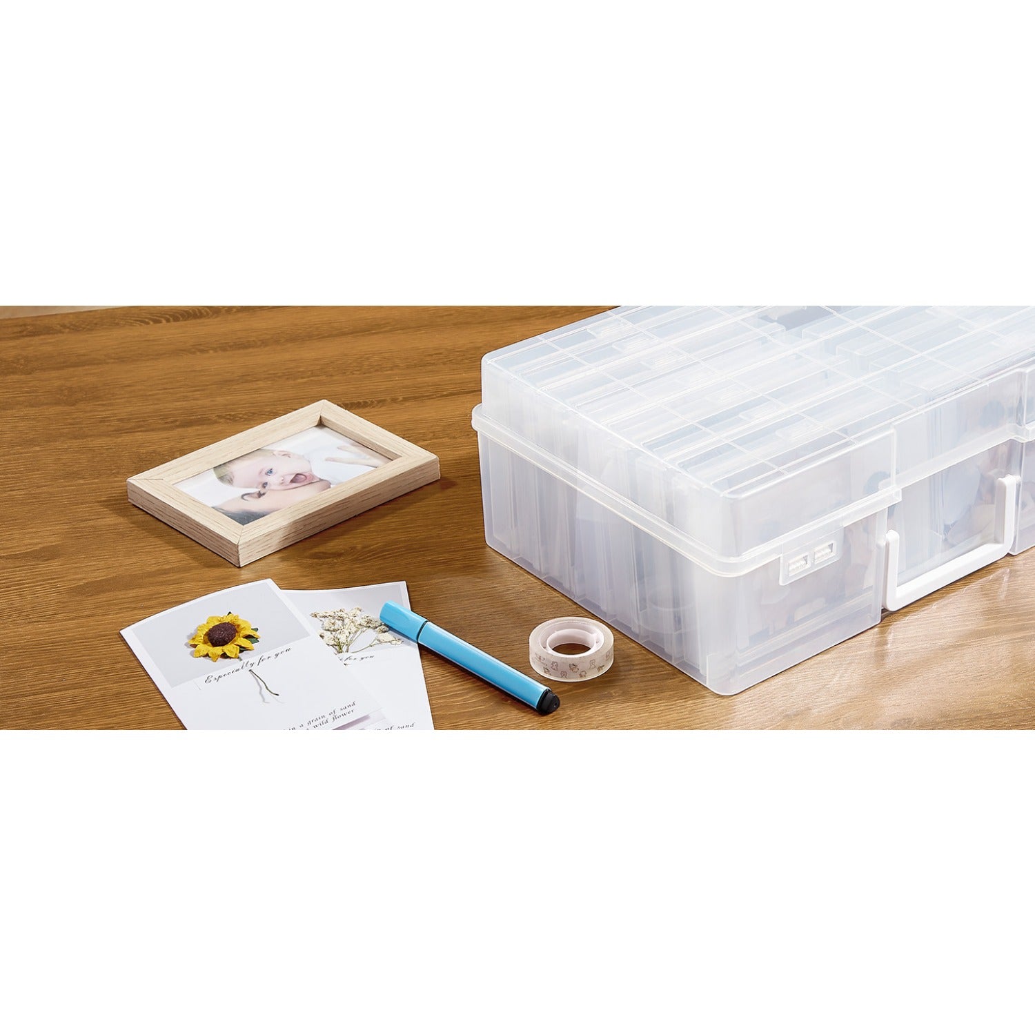 Photo Storage Box 4x6 Photo Case, 14 Inner Photo Keeper, Clear Photo Boxes Storage with 1 Sheet Label Sticker, Plastic Craft Storage Box with lids for Cards Pictures Stamps Office Supplies