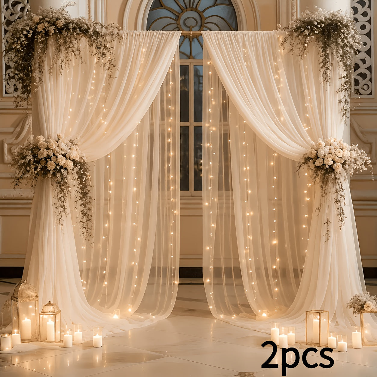 2pcs Photo Booth Props 5.2X10Ft Champagne Tulle Backdrop Non-Porous Tulle with String Lights for Party, Sheer Curtain Backdrop Wedding for Party Home Decoration