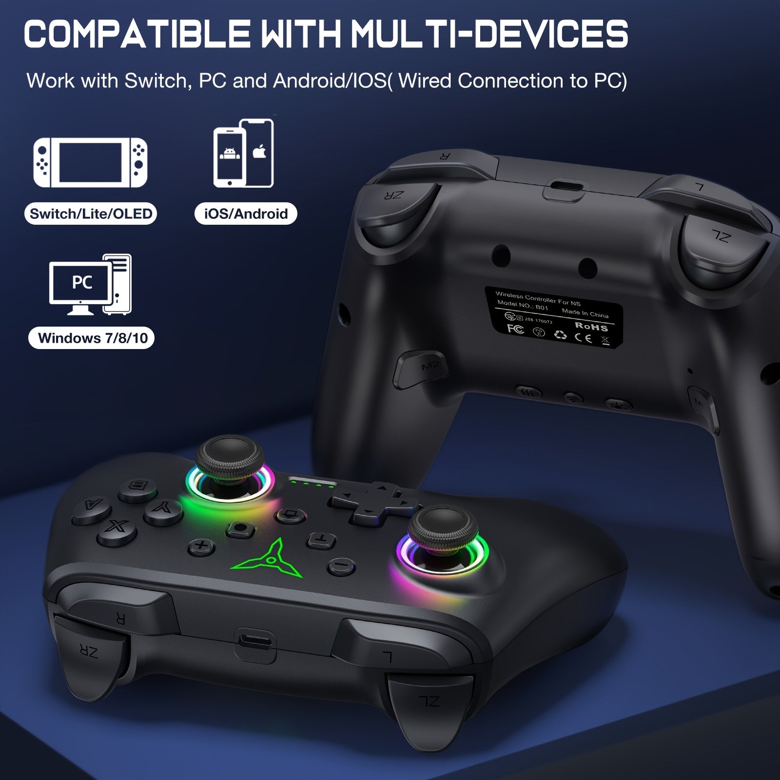 [Wireless Switch Controller] Switch Controller, Wireless Switch Controller Compatible with Switch Controller/ Switch Lite/ OLED, Wireless Switch Controllers Work with iOS/ Android/ PC with RGB Light, Programmable, TURBO & Wakeup