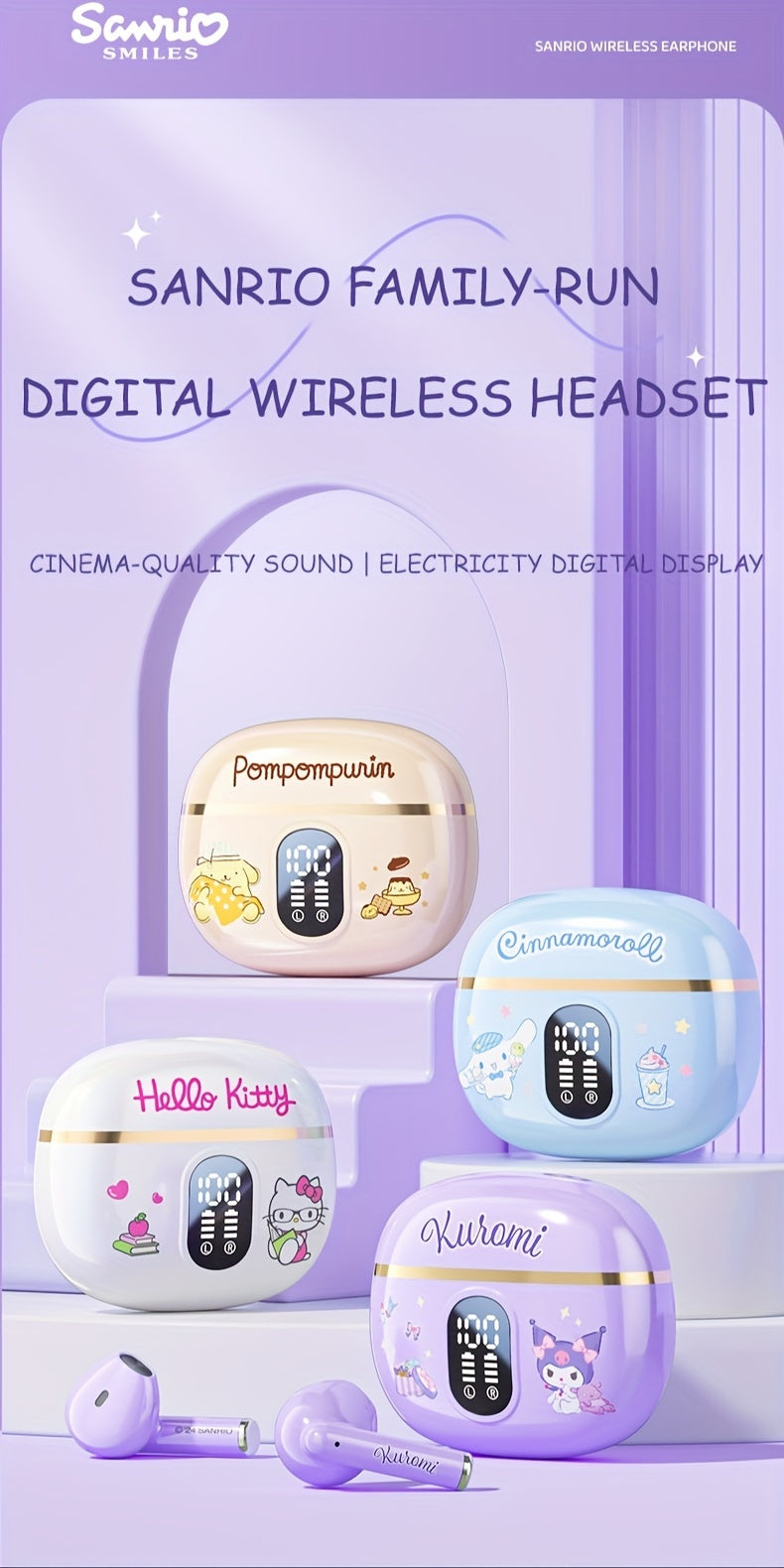 Sanrio Hellokitty Kuromi Cinnamoroll Wireless Bluetooth Earphones 3 Different Styles Available Cute Design Power Display Gaming Earplugs Unique Style Easy to Carry Smart Call Daily Exercise Outdoors to Study Holiday Gifts Or Attractive Birthday Gifts