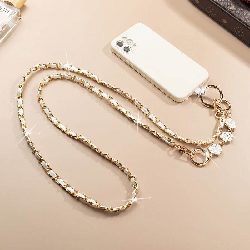Long Crossbody Pearl Camellia Phone Strap with Metal Pearl Charm And Chain.