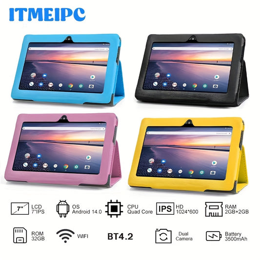 ITMEIPC 7 Inch Android 14 Tablet with Quad Core Processor, 4GB(2+2 Expand) RAM+32GB ROM, HD IPS Display, Dual Camera, WiFi, Give Away USB Type-C Interface & Built-in Case, New Fashion Styles, Fashion Item, Durable Build, Portable Device, Back-to