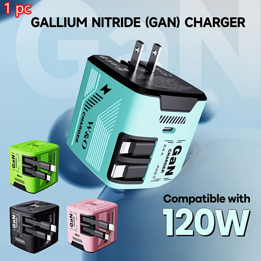 [Great Gift] Portable GaN 120W Fast Charger - Dual 47inch/120cm Retractable Type-C+Lightning Cable, Type-C Output Port, Foldable Plug, Durable And Tangle-Free - Compatible for iPhone 16/15/14/Plus/Pro Max, for S25/S24 - Great Gift for Birthday Christmas
