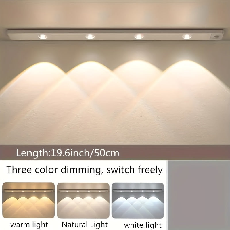 1pc Intelligent Human Body Sensing Light, Sports Sensing Light, USB Rechargeable And Dimmable Three Color LED Light, 1400mAh, Strip Light with Small Night Light, Wireless Kitchen Wardrobe, Cabinet, Wine Cabinet, Shoe Cabinet, Bedroom, Small Hill