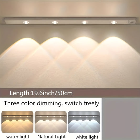 1pc Intelligent Human Body Sensing Light, Sports Sensing Light, USB Rechargeable And Dimmable Three Color LED Light, 1400mAh, Strip Light with Small Night Light, Wireless Kitchen Wardrobe, Cabinet, Wine Cabinet, Shoe Cabinet, Bedroom, Small Hill