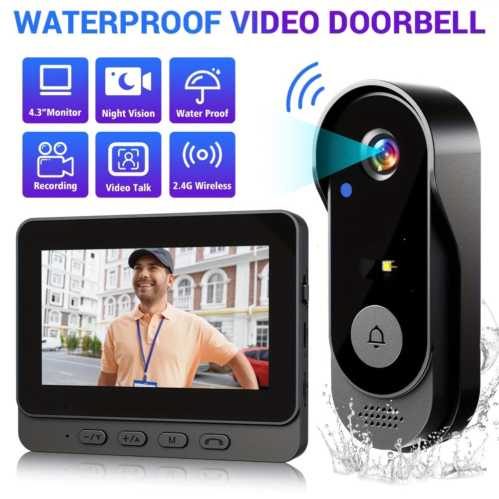 1 Set Smart Wireless Video Doorbell, No WIFI, 4.3"Display Screen, SD Monitor, Waterproof, Two-Way Audio, 2.4G Wireless Connection, 120° Angle, No APP, Highquality Lens Doorbell Camera, Rechargeable Battery
