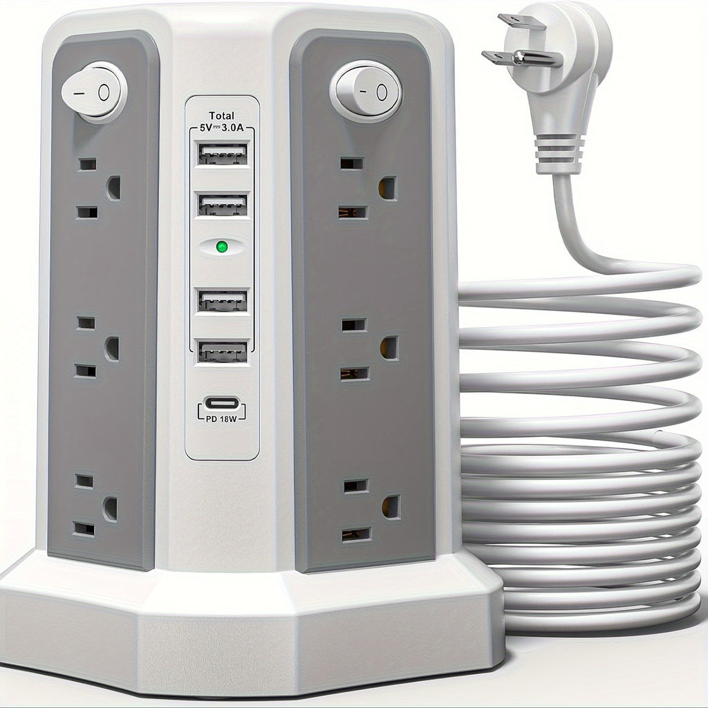 Angled Flat Plug 12 AC Outlets Power Strip Tower with USB C Port(PD18W/PD20W), Surge Protector Power Tower with 5 USB Ports, Extension Cord Desktop Power Strip for Home Office DormRoom