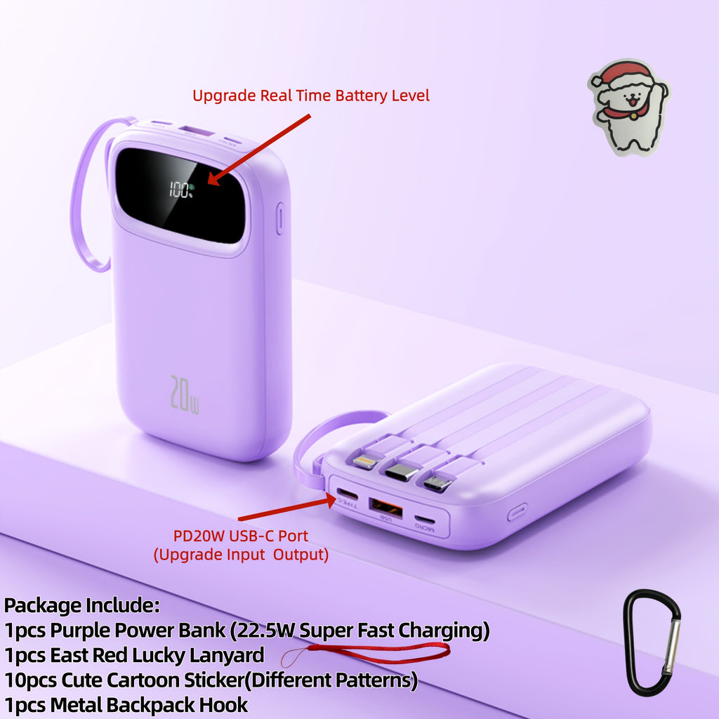 10000mAh Pocket Size Mini Cute 5W Slow Charging/15W Fast Charging/22.5W Super Fast Charging Portable Cartoon Power Bank, Small Size Large Capacity High Appearance, Built-with 3 Cables, High-Speed Rechargeable Battery, Travel Must Have, for iPhone