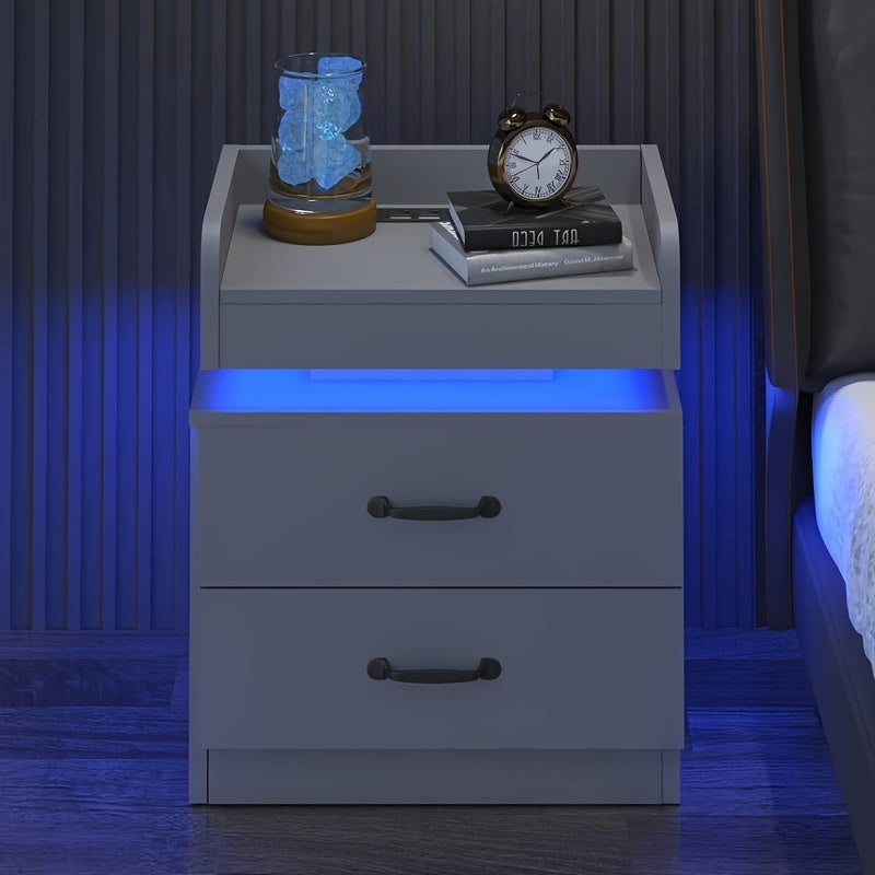 Modern LED Bedside Table with Charging Station, Wooden Bedside Table with Fabric Drawers And Blue LED Lighting, Stylish Bedroom Or Living Room End Table, Ambient Lighting Furniture with Fashionable Design And Multifunctional Drawer Design Gifts.