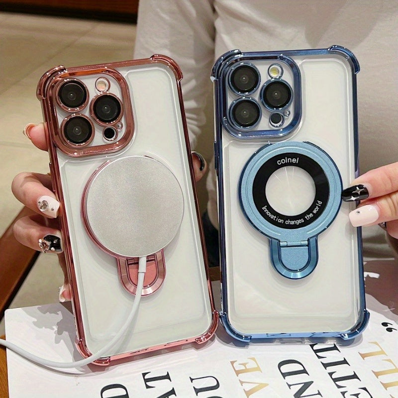 Phone Case: 3pcs [1 Phone Cover with 2 Clear Screen Protectors] Stylish Plated Magnetic Stand Case for iPhone 16 15 14 13 12 11 Pro Max with Holder Stand Shock-Resistant Cover