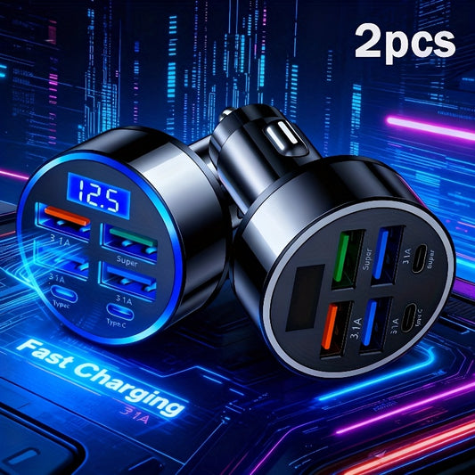 2pcs 6-in-1 Car Charger, Matte Finish With Ambient Light, Dual PD QC3.0 Fast Charge, Voltage Display, 4 USB Ports For IPhone/Huawei/Xiaomi Auto Accessories