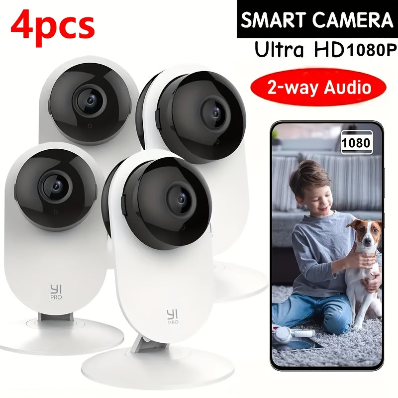 Set of 4 High-Definition Indoor Security Cameras Featuring 2.4G Wifi, Two-Way Audio, Motion Detection for Humans And Pets, And Smart AI Notifications. Manage Remotely Through a Mobile Application, Experience HD Color Night Vision