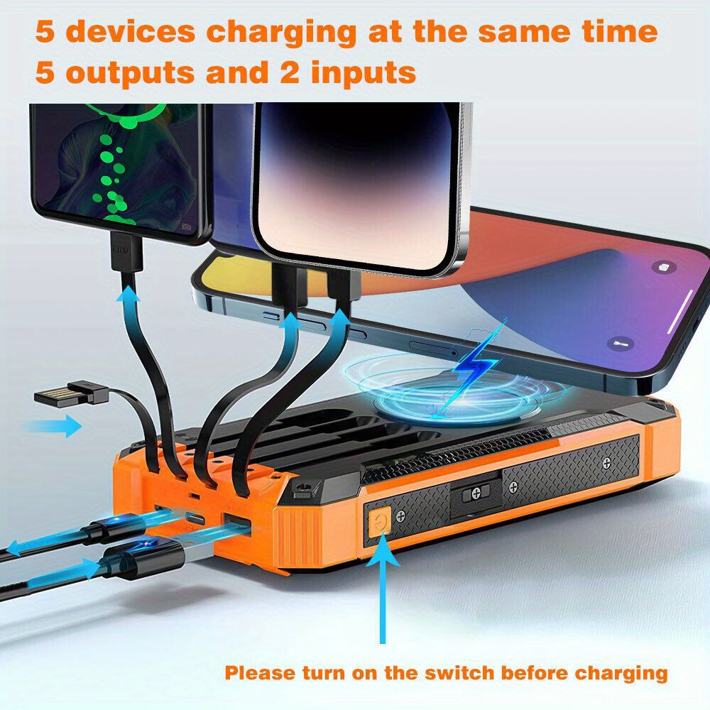 Solar Mobile Power Bank Magnetic Wireless Charger 40000/28800mAh Built-in 4 Cables Six Outputs 15W Fast Charging Mobile Power Bank Suitable for All Mobile Devices Three Inputs with Dual Flashlights Solar Portable Charger, The Best Gift for Hallowmas