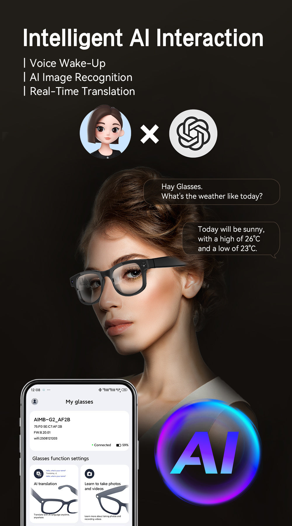 AI Smart Glasses Camera 8MP HD Video Recording Glasses with Audio, Real-Time Translation, Bluetooth Call & Music, AI Object Recognition, Touch Control, Wearable Camera Glasses for Men Women Travel Outdoor