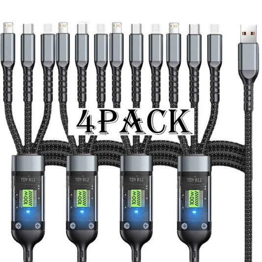4pcs/8pcs 100W 3in 1 Fast Charging USB Cable 1.2m/4ft Nylon Braided Charging Cable with Type-C, Micro USB, IP Port for iPhone Multi Port Multiple Charging Wire MFi