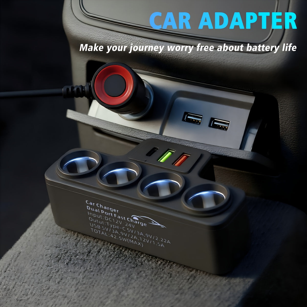 [Super Fast Car Charger] 120W Super Fast 7-in-1 Car Charger - Plug Adapter, Atmosphere Light, Accessories for iPhone 16/15/14/13/12/11 and Android