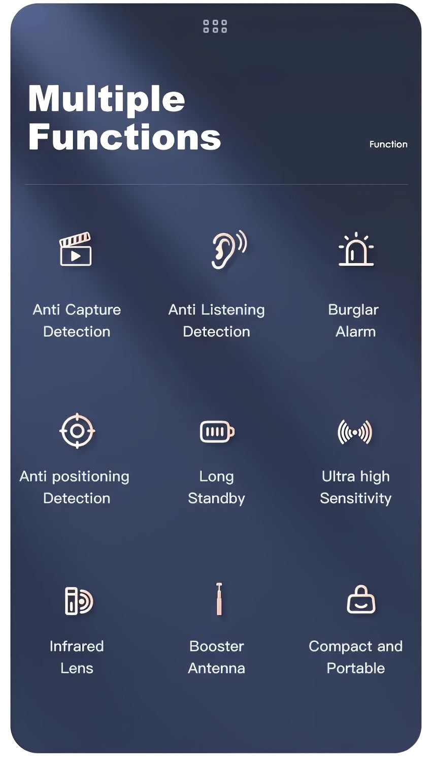 Portable Devices for Detecting Hidden Cameras And Anti-Spy RF Signals, Designed to Protect Your Privacy by Locating GPS Trackers And Wireless Eavesdropping Equipment in Various Settings Such As Cars, Homes, Hotels, Bathrooms, During Travel, And in Offices