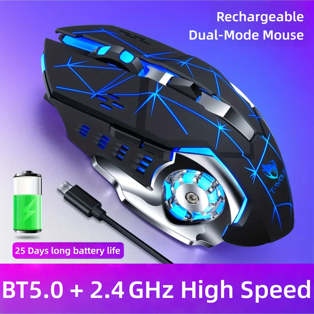 Silent Wireless Mouse - T-WOLF Rechargeable BT5.0 + 2.4G Dual-Mode Office Mouse, Full-Size Ergonomic Comfort for Extended Work, Study & Gaming, RGB Aesthetic Desk Setup Accessories, Back to School Gift