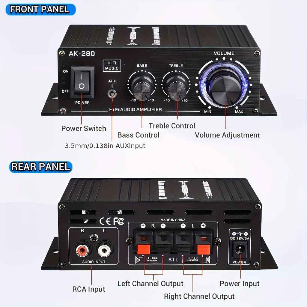 1 X 600W Dual-Channel Mini Power Amplifier, Hifi Stereo Compact Audio Power Amplifier, 2, 0 Channels, Class AB, RCA/ AUX Input, Bass And Treble Control, Sound Amplifier for Home, Computer And Car Music Players, Without Power Adapter And Power Cord