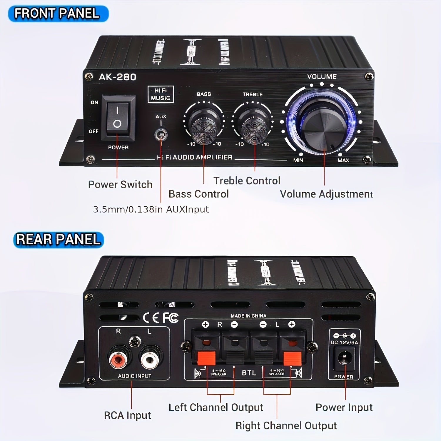 1 X 600W Dual-Channel Mini Power Amplifier, Hifi Stereo Compact Audio Power Amplifier, 2, 0 Channels, Class AB, RCA/ AUX Input, Bass And Treble Control, Sound Amplifier for Home, Computer And Car Music Players, Without Power Adapter And Power Cord