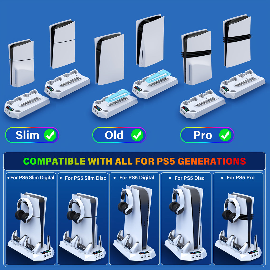 Cooling Station for PS5, Controller Charging Station for Playsation 5 Slim/Pro/&Standard Disc/Digital Console, for PS5 Accessories Incl. Controller Charger/Turbo Fan/3 USB Hub/Headset Holder, Christmas Gift, USB Length 19 Inches